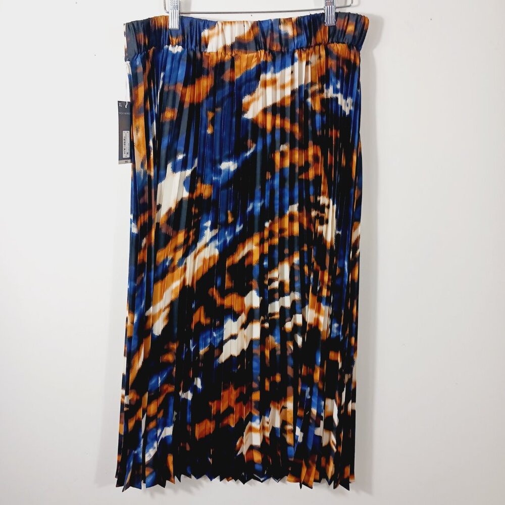 Worthington, NWT XL Midi Pleated Skirt W/ Abstract Print Navy Cream Gold & Black - Picture 7 of 14